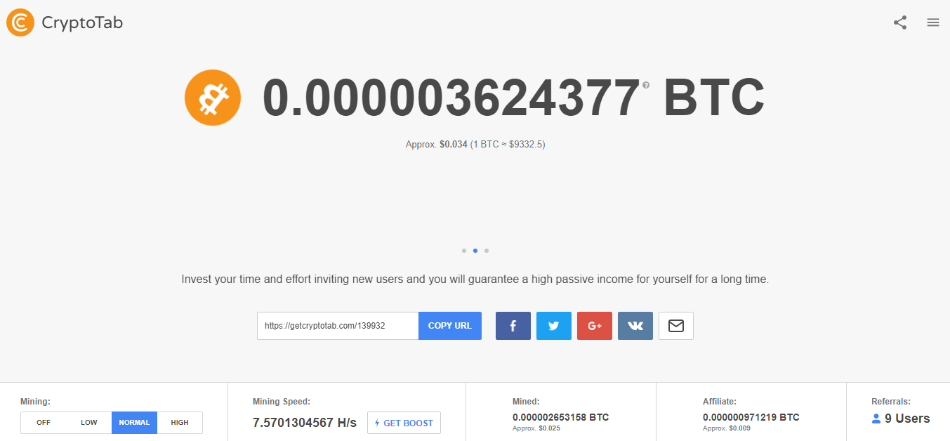 CryptoTab Bitcoin Mining Screenshot